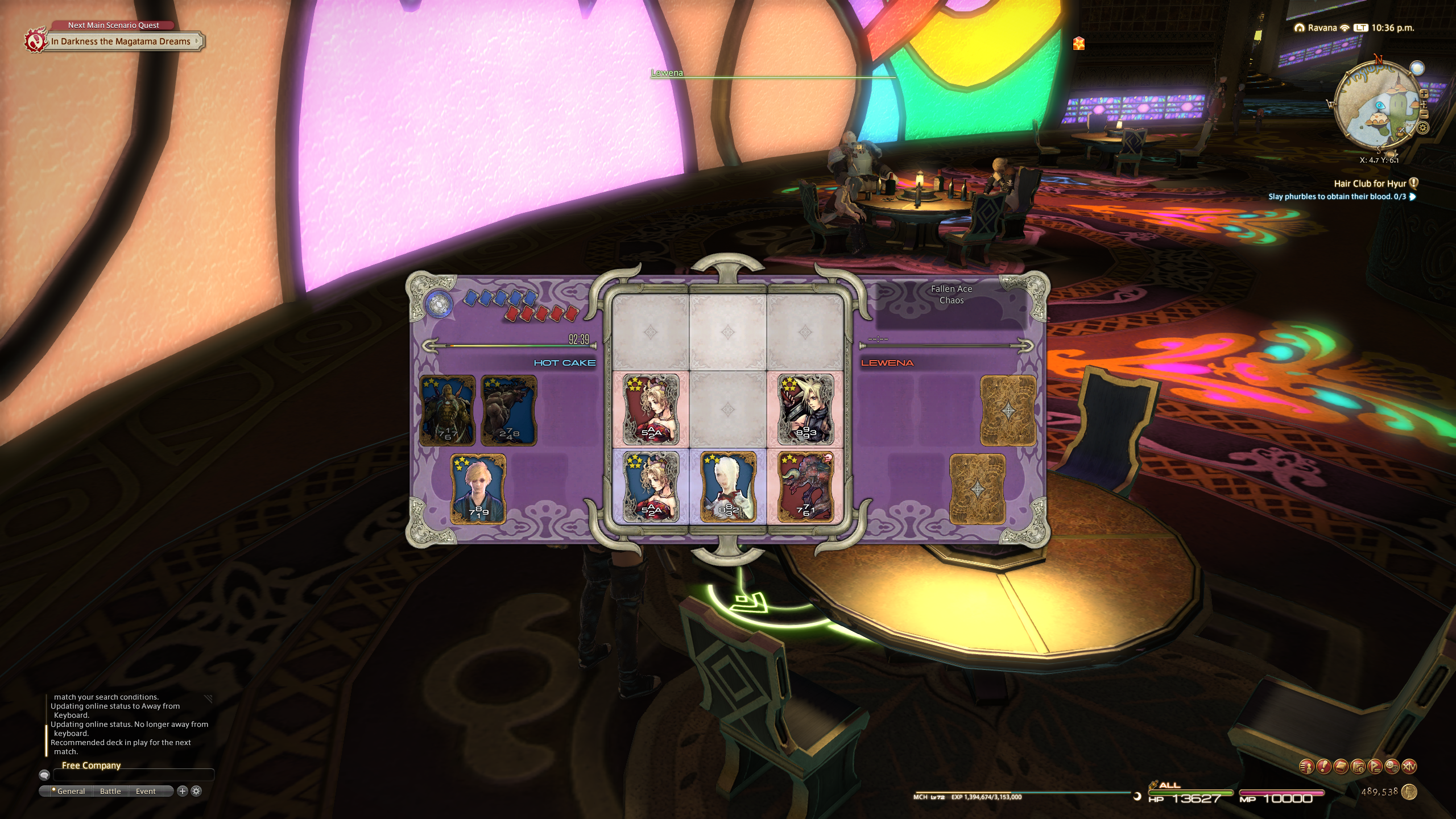 Screenshot from Final Fantasy XIV, with the main character playing a game of Triple Triad in the Golden Saucer.