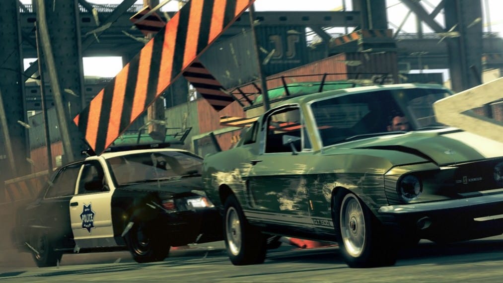 A screenshot from Driver San Francisco where the main character is being hit by a cop car.