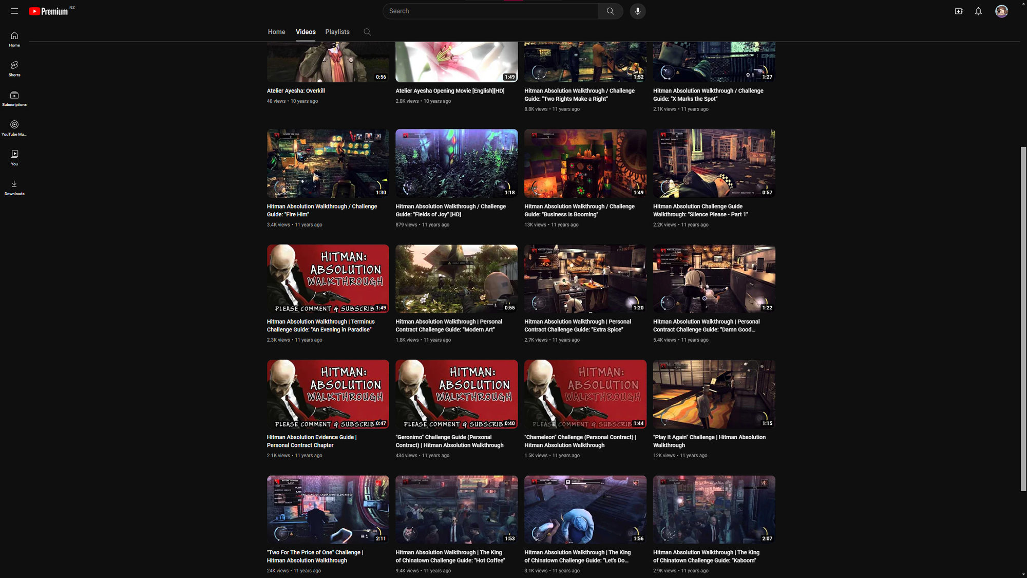 A shot of a YouTube channel that is full of Hitman videos.