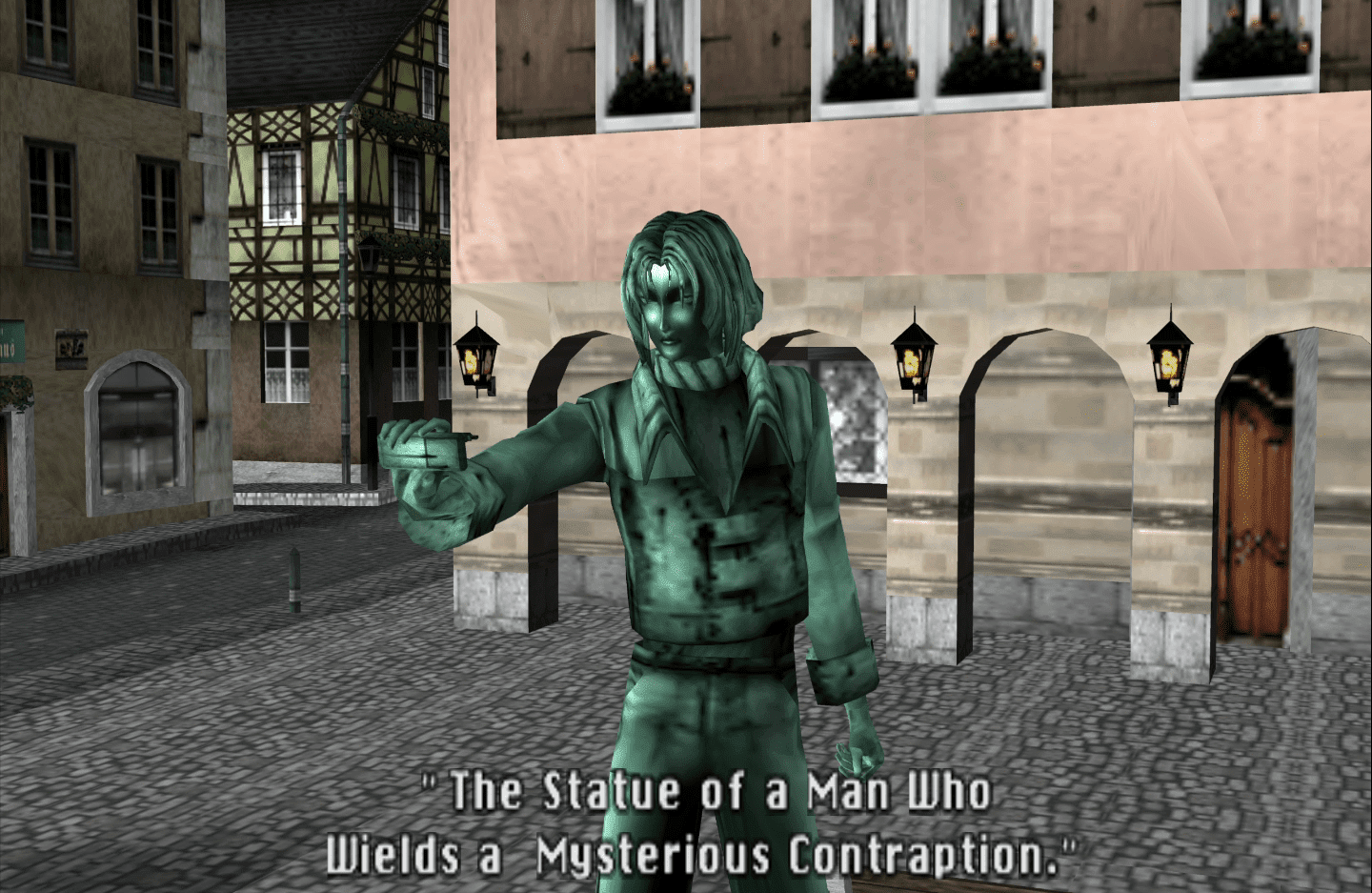 A screenshot from Shadow of Memories showing a statue of the main character, Eike.