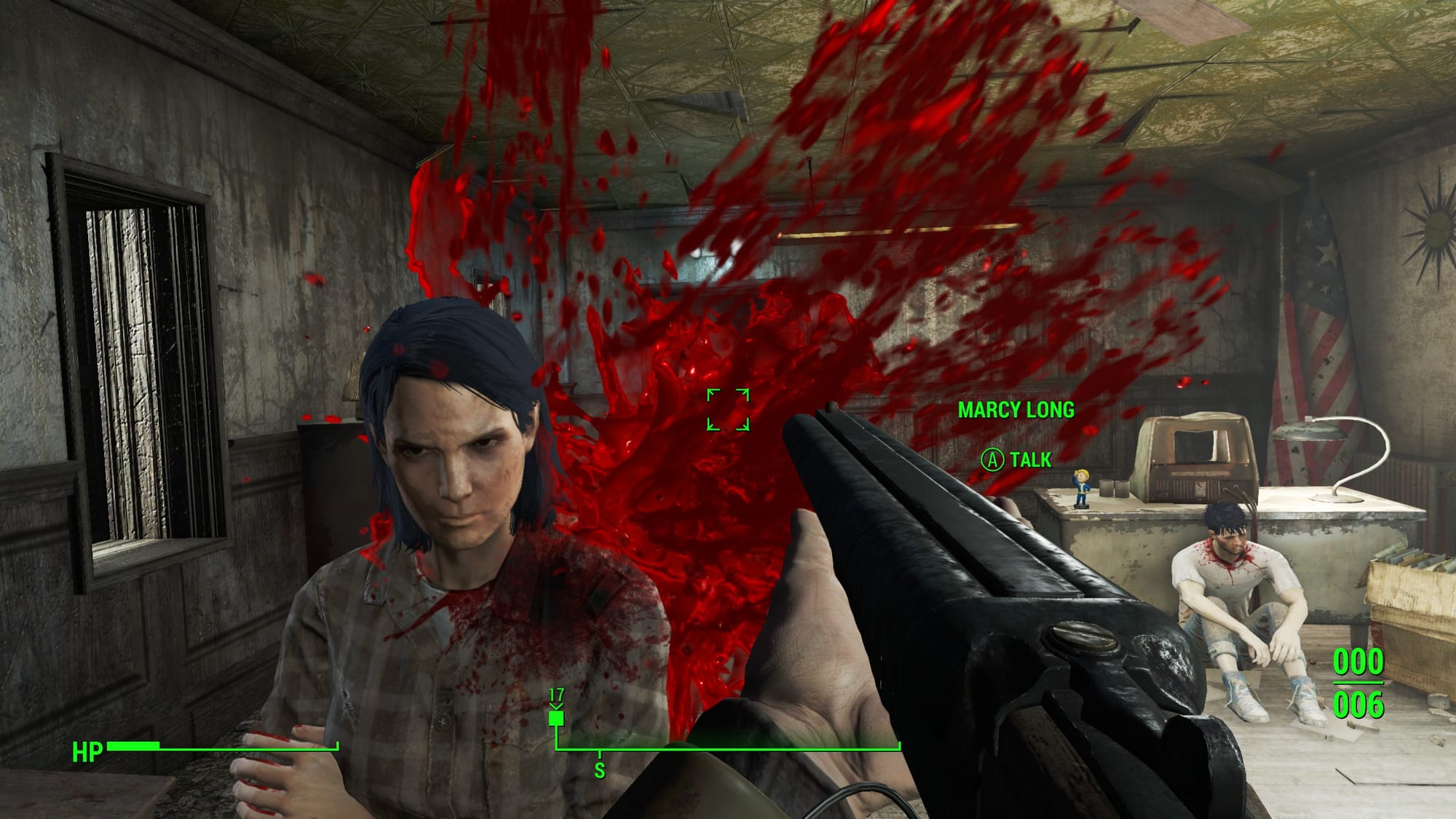 Marcy from Fallout 4 being shot with a shotgun and not reacting at all. Blood is splattering the screen.