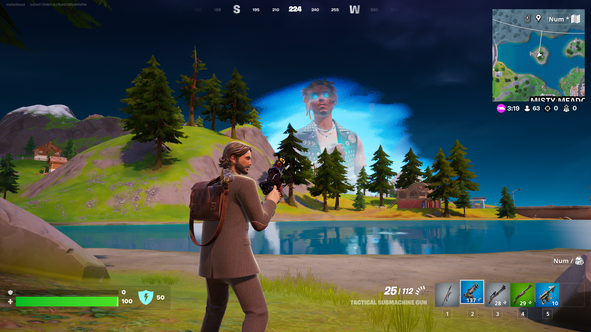 A screenshot from Fortnite where a player dressed as Alan Wake looks at the ghost of Juice WRLD.