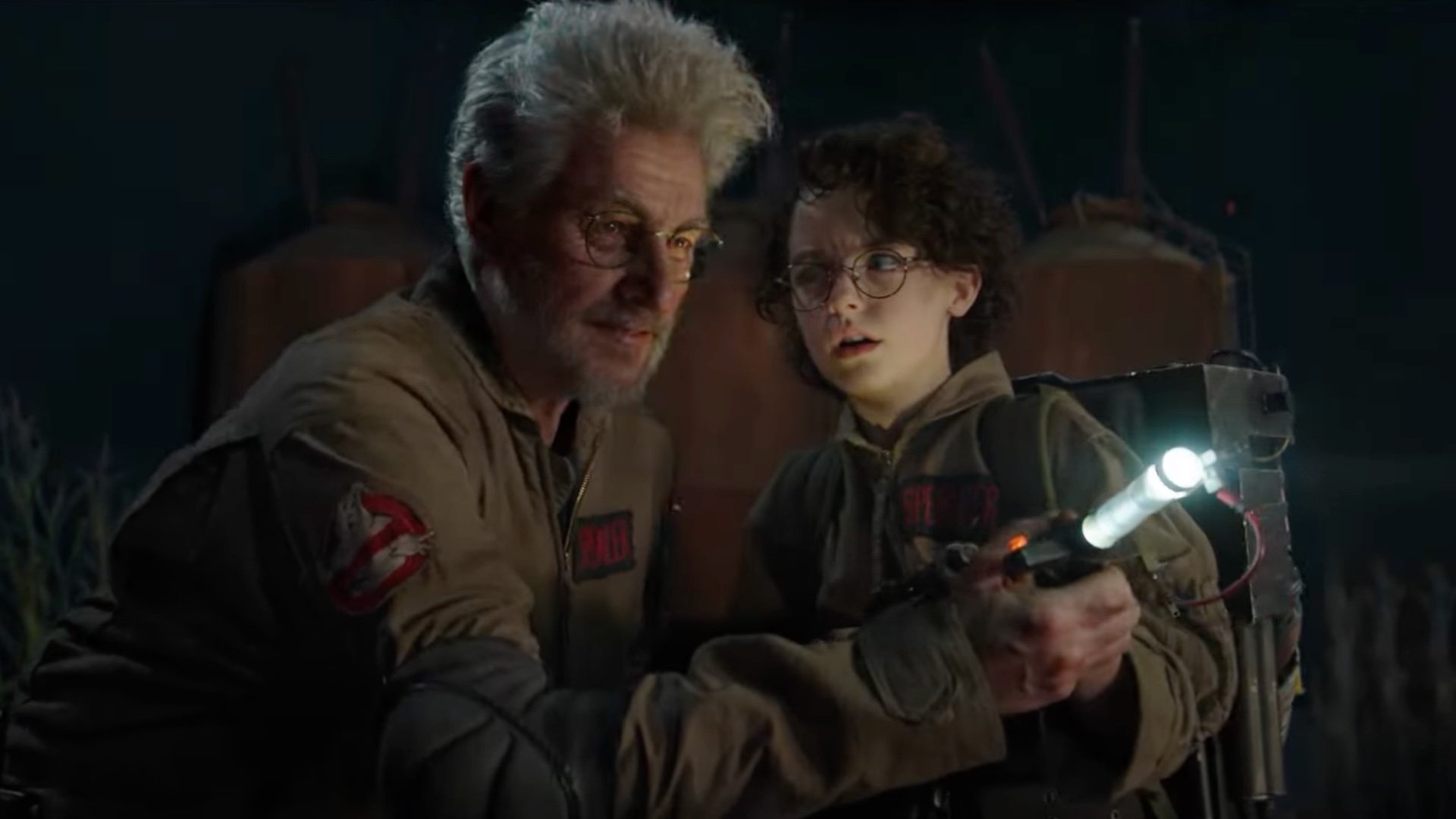 A still from Ghostbusters Afterlife where the CGI ghost of Harold Ramis appears to help the main character.