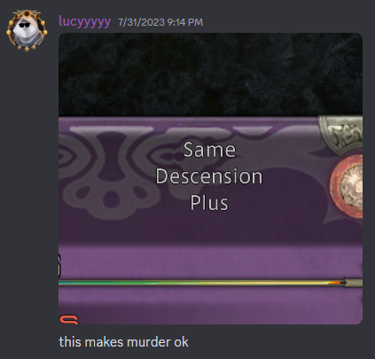 A Discord screenshot showing a game of Triple Triad where the Same and Plus rule are both active, with the comment "this makes murder ok"