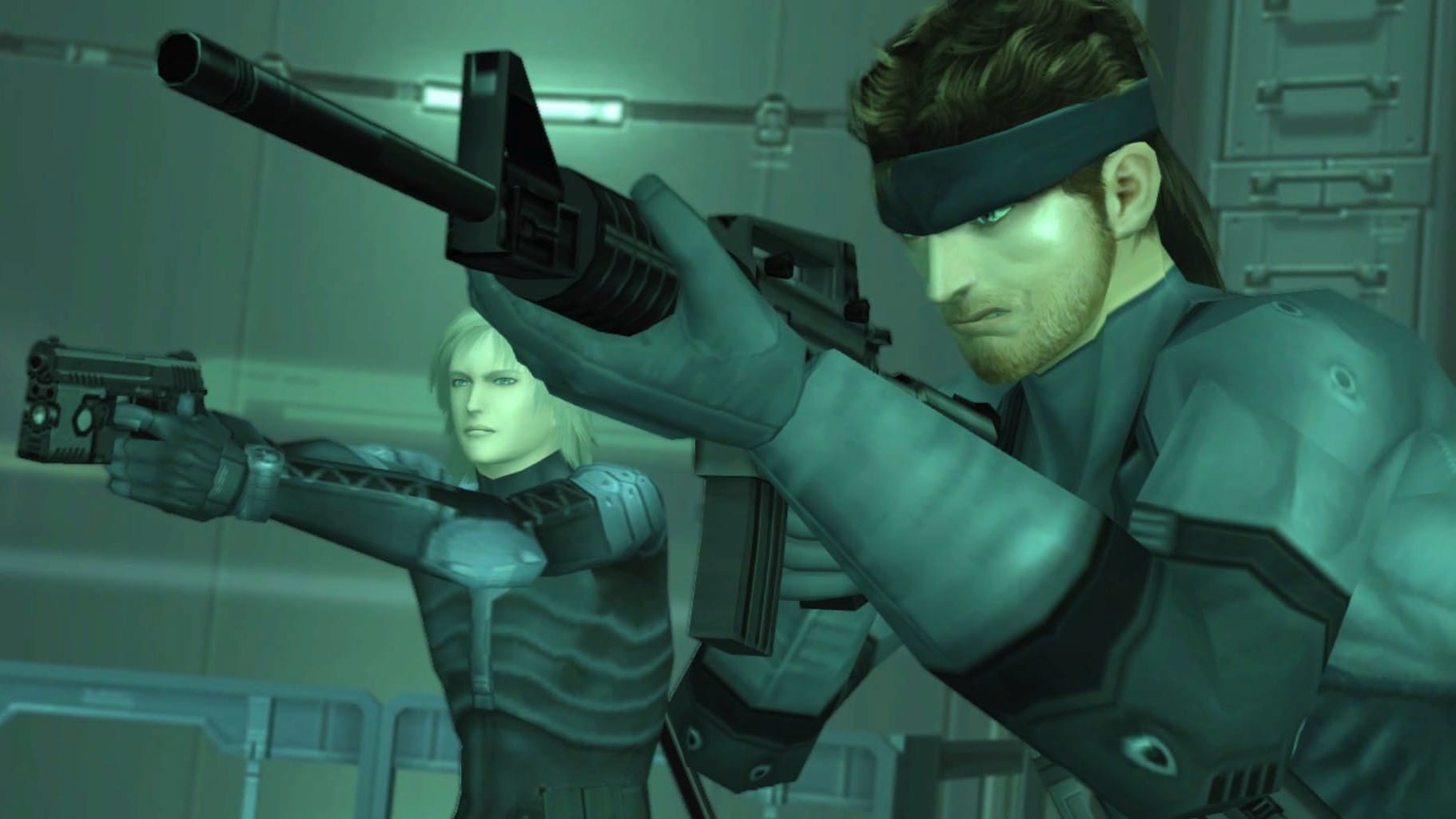 A screenshot from Metal Gear Solid 2. Raiden and Solid Snake point guns at something off-screen.