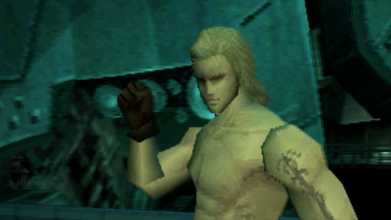 Screenshot from Metal Gear Solid. A shirtless Liquid Snake stands in front of a big robot looking smug.