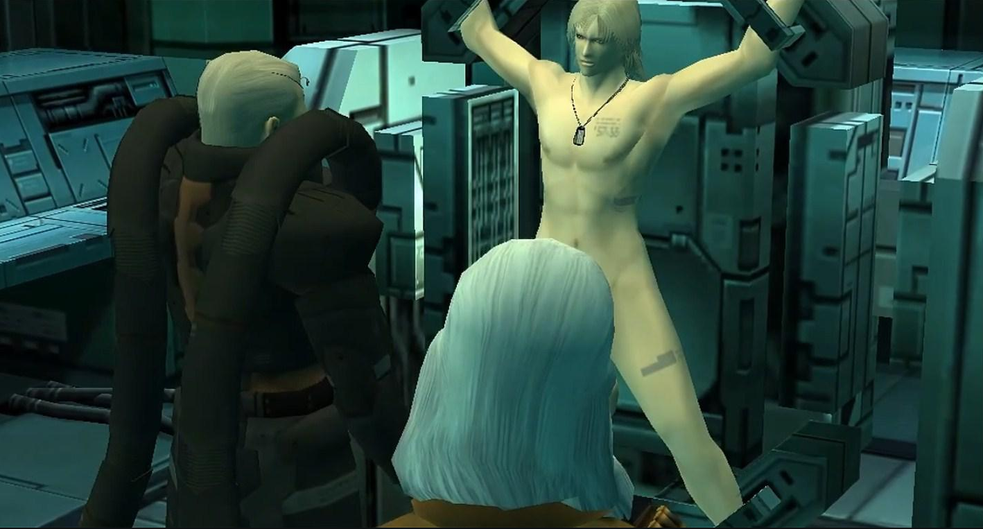 Screenshot from Metal Gear Solid 2. Main character Raiden is strapped naked to a torture table. Two old men, one with octopus arms, stand in front of him.