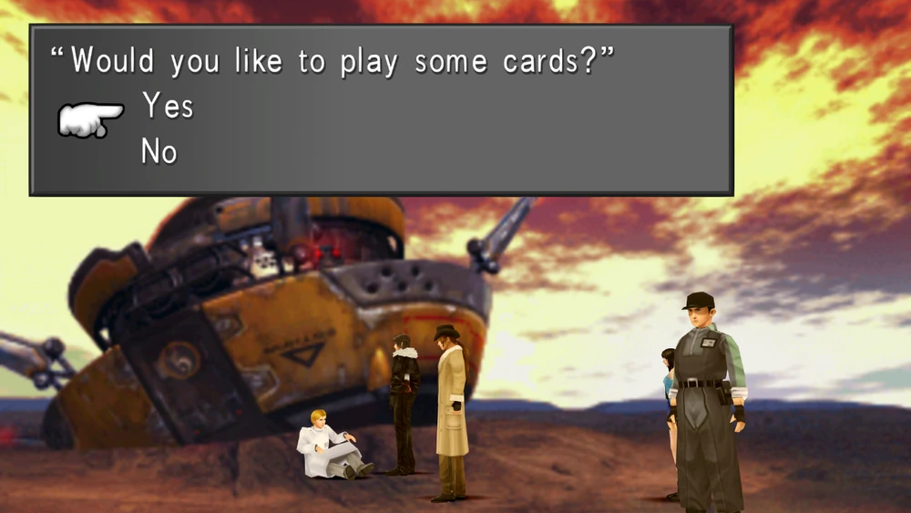 A screenshot from Final Fantasy VIII, in which the main character Squall tries to play cards with a wounded man.