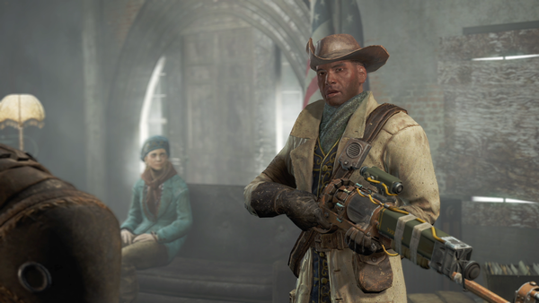 Preston Garvey from Fallout 4 holding a rifle and saying something boring.